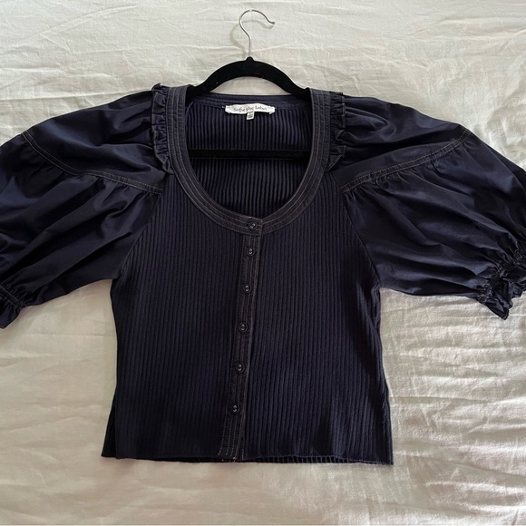 Sofie The Label Blue Exaggerated Puff Sleeve Cropped Button Up Blouse Sz  L EUC - Picture 8 of 16